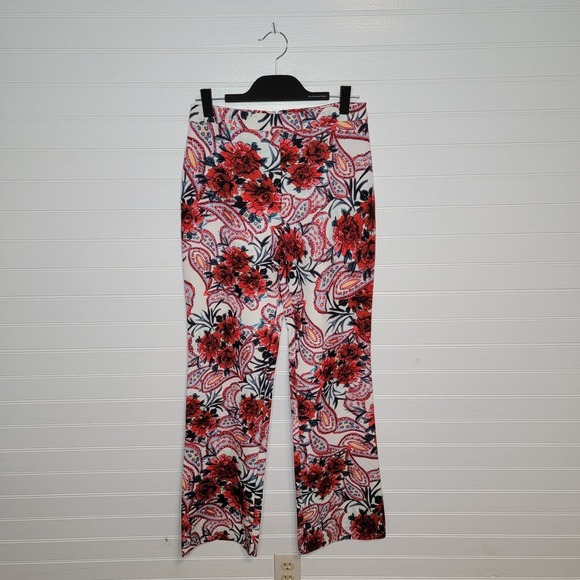 Badgley Mischka Size 6 Paisley Wide Leg Pants Red Multi Stretch Crepe Floral - Picture 4 of 12